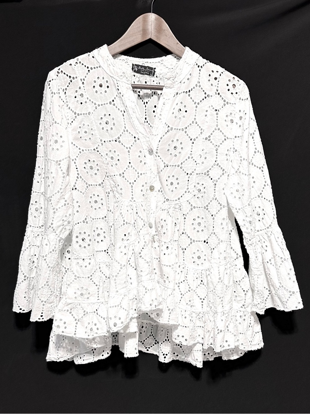 Bella Amore White Cotton Eyelet Peplum Blouse Bell Sleeve S/M Made in Italy